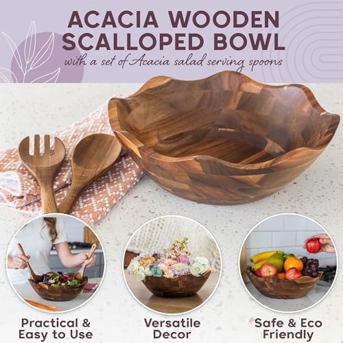 Wood Salad Bowl with Serving Utensils - Large Scalloped Decorative 12"