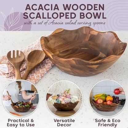 Wood Salad Bowl with Serving Utensils - Large Scalloped Decorative 12"