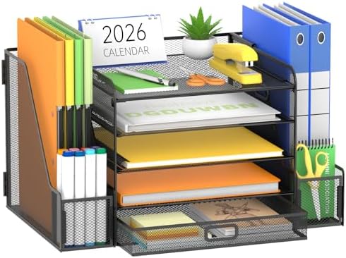 SUPEASY Mesh Desk Organizer with File Holder, 5-Tier Paper Letter Tray