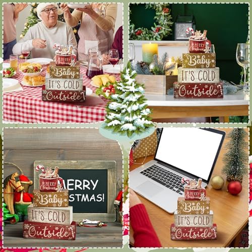 Moucuny 4 Pcs Christmas Table Decorations Indoor, Hot Cocoa Wood Block