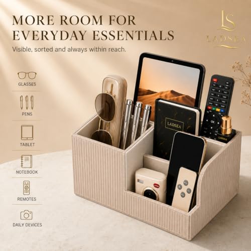 Pen Holder for Desk, 4-Compartment PU Leather Desk Organizer, Beige