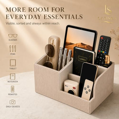 Pen Holder for Desk, 4-Compartment PU Leather Desk Organizer, Beige
