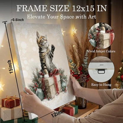 Voxitura Cute Christmas Cat Tabby Wall Art Canvas, Winter Snow Wall