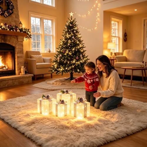 Hourleey Set of 4 Christmas Lighted Gift Boxes Warm White 70 LED