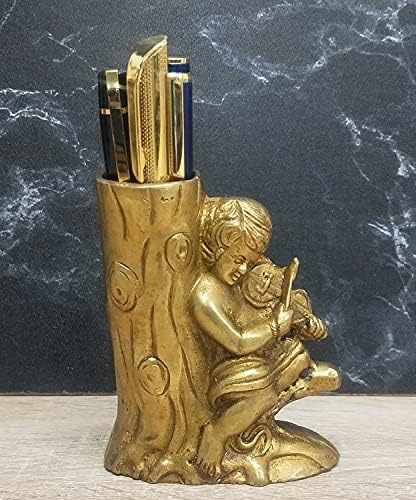 ARTVARKO Brass Pen Holder Stand Tree with a Boy Playing Violin