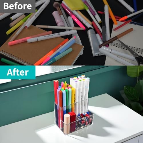 HSYMQ Desktop Clear Pen Holder with 3 Compartments, Acrylic Pencil
