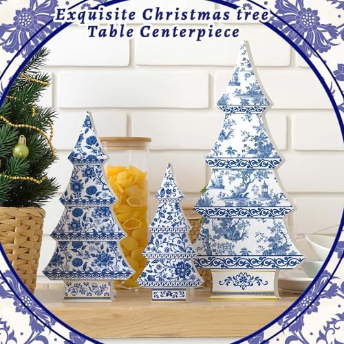 3 Pcs Chinoiserie Christmas Tree Decor Blue White Wooden Decor