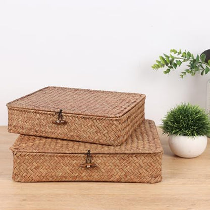 Moosky Flat Wicker Shelf Baskets with Lid, Handwoven Seagrass Basket