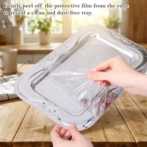 6 Packs Silver Serving Trays, 13.8" x 8.7" Bow Floral Engraved Mirror
