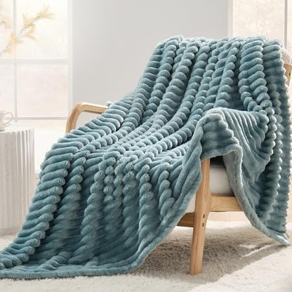330GSM Ribbed Fleece Throw Blanket for Couch, Dusty Blue, 50"x60"