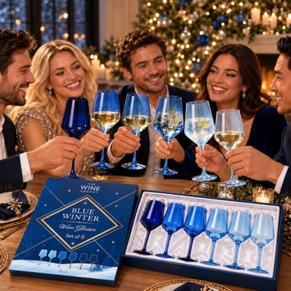 Winter Blue Christmas Wine Glasses Set of 6 Colored Crystal 12oz Navy