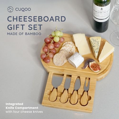 CUQOO Oak Wooden Cheese Board Set with 4 Knives Slide Out Drawer