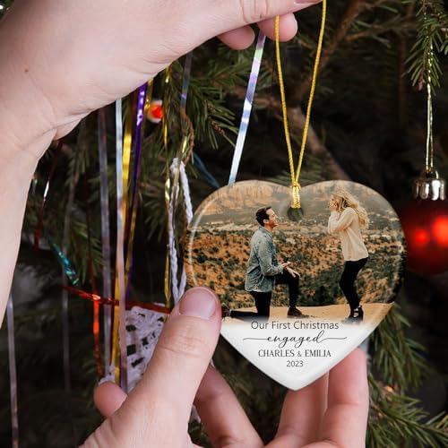 Personalized Photo Our First Christmas Engaged Ceramic Ornament