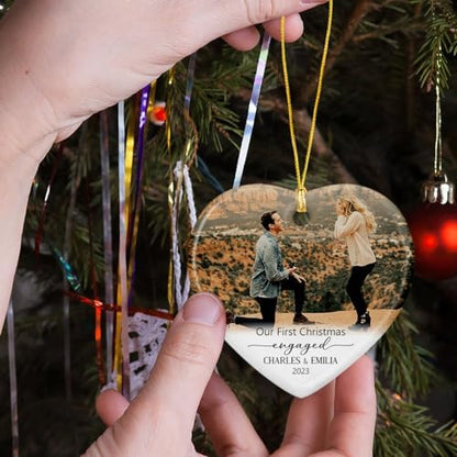 Personalized Photo Our First Christmas Engaged Ceramic Ornament