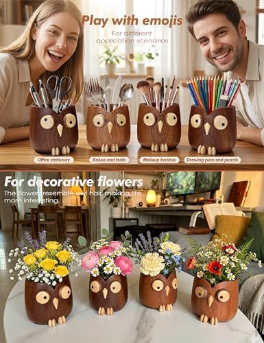 Solid Wood Owl Pen Holder for Desk with Adjustable Expressions, Funny