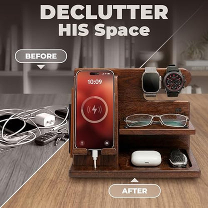 TESLYAR Wood Phone Docking Station for Men - Desktop or Nightstand