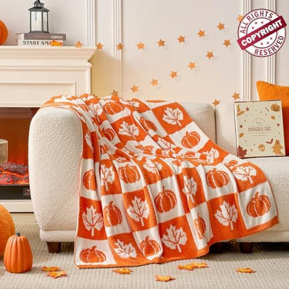 Snuggle Sac Fall Checkered Blanket Orange Pumpkin Maple Leaf Throw