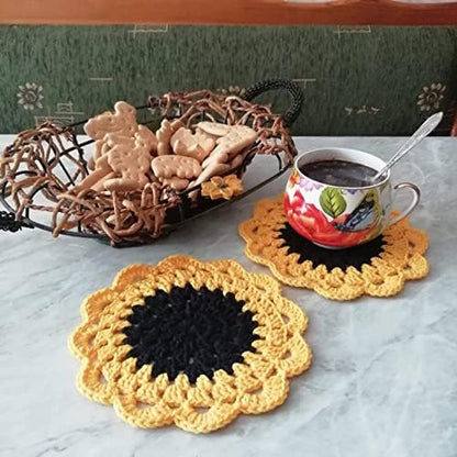 Crochet Coasters Handmade Set of 2 Decorated Cotton doilies Sunflower
