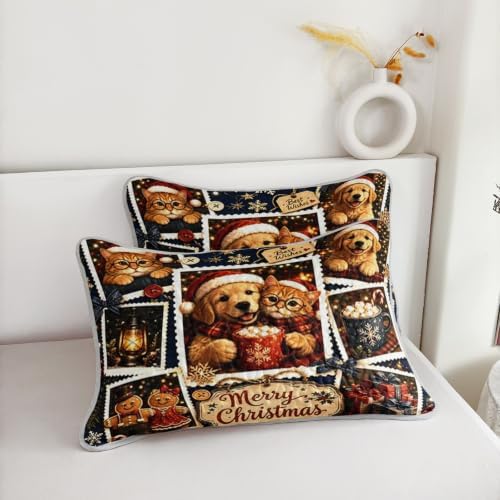 HOSIMA Vintage Christmas Bedding Set,Cute Cat Dog Print Bedspread