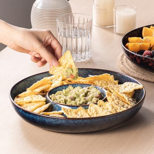 Ceramic Chips and Dip Serving Tray - Large Divided Party Bowl Set for