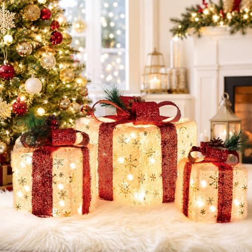 Set of 3 Lighted Boxes, Gold Snowflake