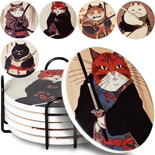Ninja Cat Coasters Set of 6 - Cat Gifts for Men Anime Decor, Funny