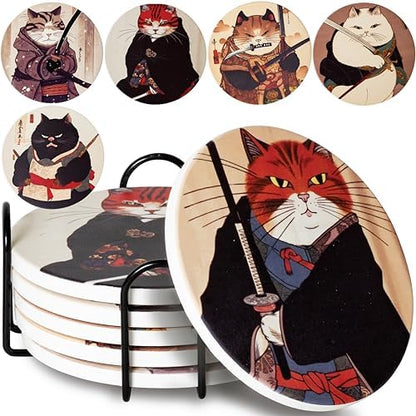 Ninja Cat Coasters Set of 6 - Cat Gifts for Men Anime Decor, Funny