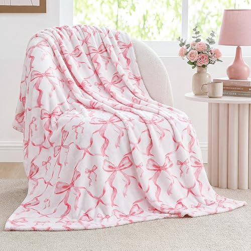 Buryeah Pink Bow Throw Blanket 50"x60" Soft Flannel for Girls Women