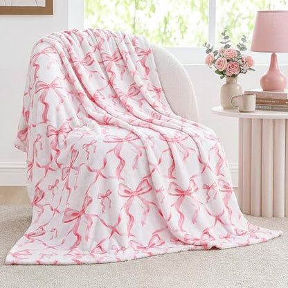Buryeah Pink Bow Throw Blanket 50"x60" Soft Flannel for Girls Women
