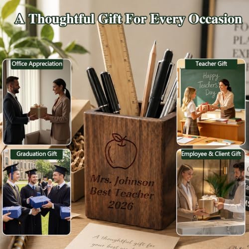 QYH Personalized Pen Holder for Desk, Wooden Pencil Holder Teacher