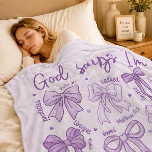 Purple Bow Christian Throw Blanket, Religious Flannel Blanket Gift