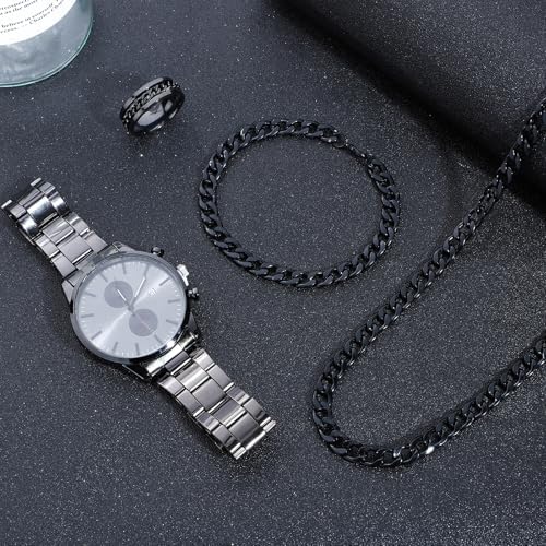 NEWITIN 4 Pieces Black Jewelry Set for Men Stainless Steel Watch