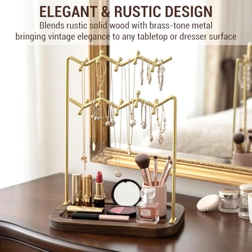 MyGift Rustic Solid Wood & Brass Tone Metal Tabletop Jewelry Organizer