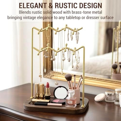 MyGift Rustic Solid Wood & Brass Tone Metal Tabletop Jewelry Organizer