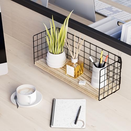 Floating Cubicle Shelf with Hooks, Paulownia Wood Desktop Organizer