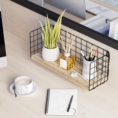 Floating Cubicle Shelf with Hooks, Paulownia Wood Desktop Organizer