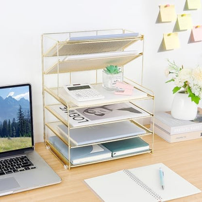 OPNICE Desk Organizer, 6-Tier Paper Organizer Letter Tray, Gold