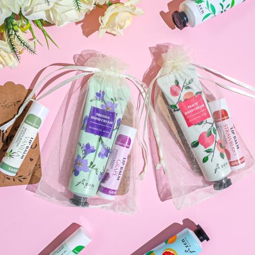 AZEN 8 Sets Bulk Gifts, Hand Cream and Lip Balm Bulk Set with Organza