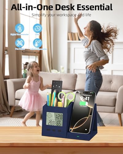 Desk Organizer with Wireless Charger, Digital Clock, Thermometer &