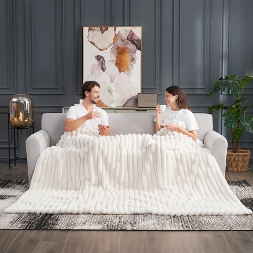 Cozy Bliss Faux Fur Throw Blanket for Couch, Cozy Warm Plush Striped