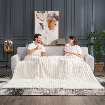 Cozy Bliss Faux Fur Throw Blanket for Couch, Cozy Warm Plush Striped