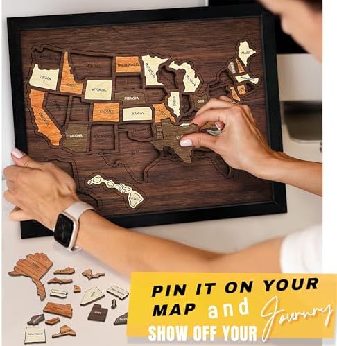 flinelife USA Travel Map, 13x11, Wooden USA Map Puzzle, Perfect For