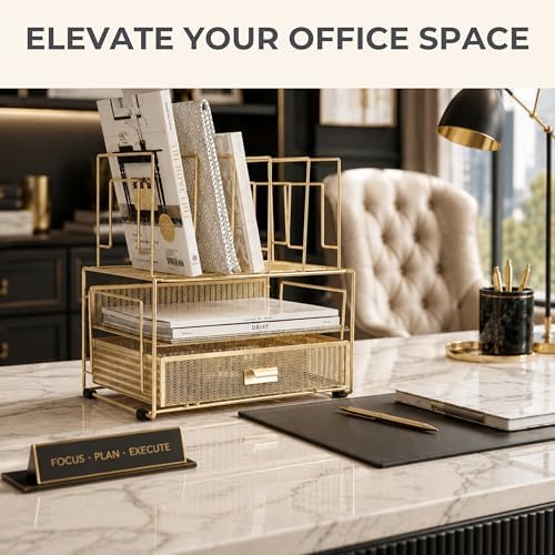 BLU MONACO | Gold Desk Organizer With Drawer | Metal Mesh File Holder