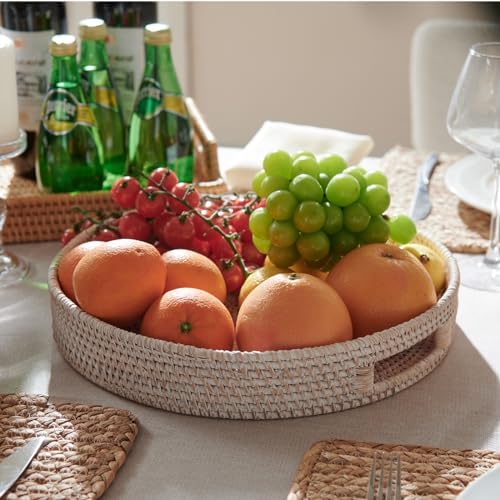 11.8 inch Round Rattan Tray, Decorative Coffee Table Trays, Ottoman