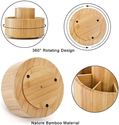 SOUJOY Bamboo Pen Holder Organizer, 360°Rotating Art Supply Organizer
