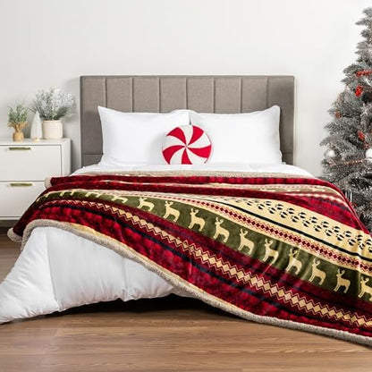 PAVILIA Premium Christmas Sherpa Throw Blanket, Green Red Cabin Design