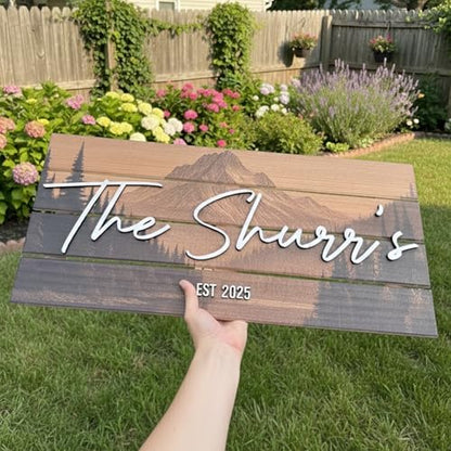 Custom Mountain Family Name Sign - Rustic Wood Wall Decor