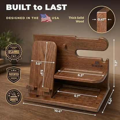 TESLYAR Wood Phone Docking Station for Men - Desk or Nightstand