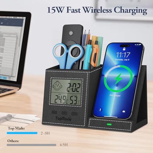 Pen Holder with Wireless Charger, Led Screen Desk Caddy with Digital