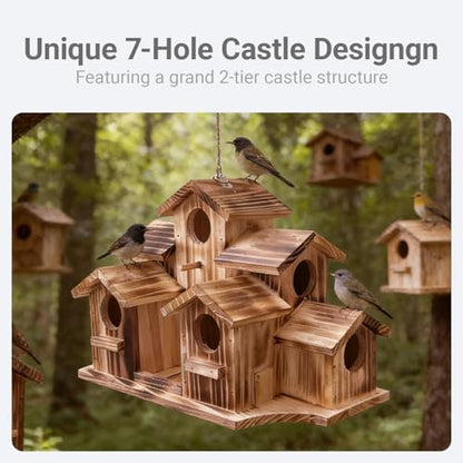 Wooden Bird House for Outside, 7-Compartment Large Birdhouse Castle